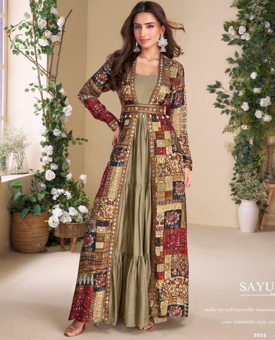 5824 - Olive-Maroon Royal Patchwork Anarkali suit 